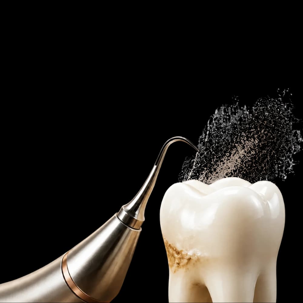 Removing tartar from a molar with an AirFlow jet