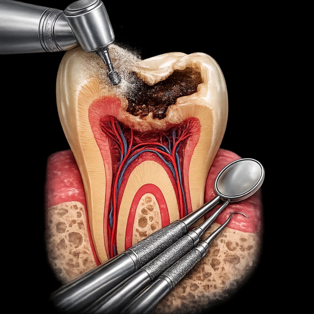 Molar with deep decay, during removal of the affected tissue