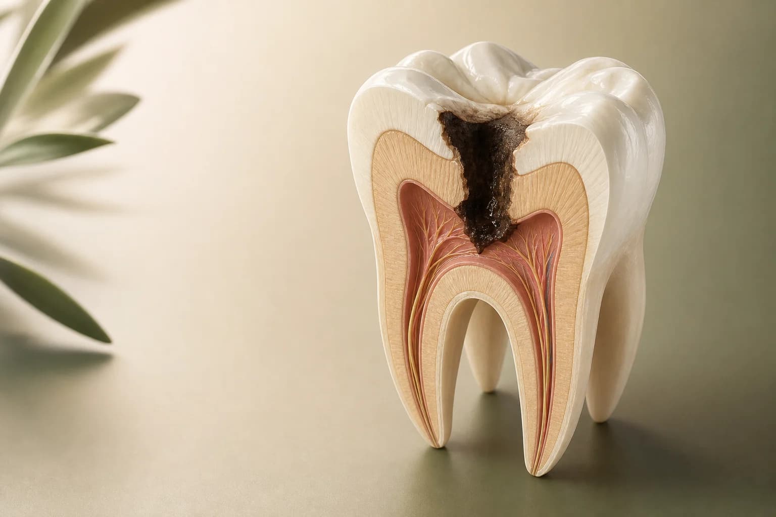 Educational cutaway of a deep cavity reaching the nerve