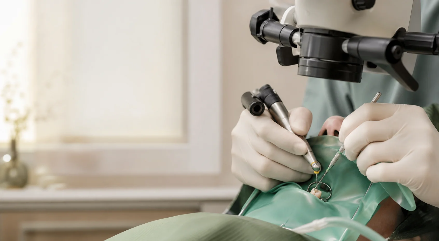 Root canal treatment under a dental microscope and rubber dam isolation