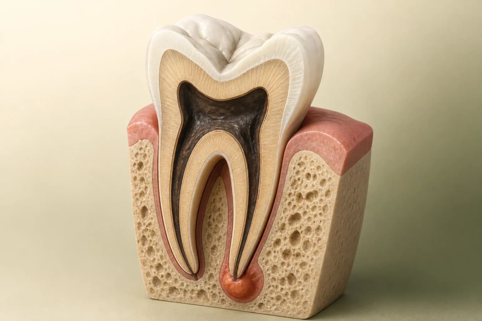 Cutaway of a molar with pulp necrosis and root-tip infection