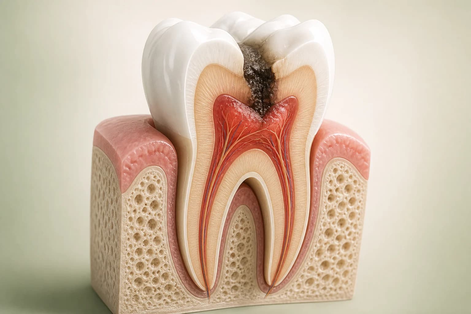 Cutaway of a molar with an inflamed living nerve