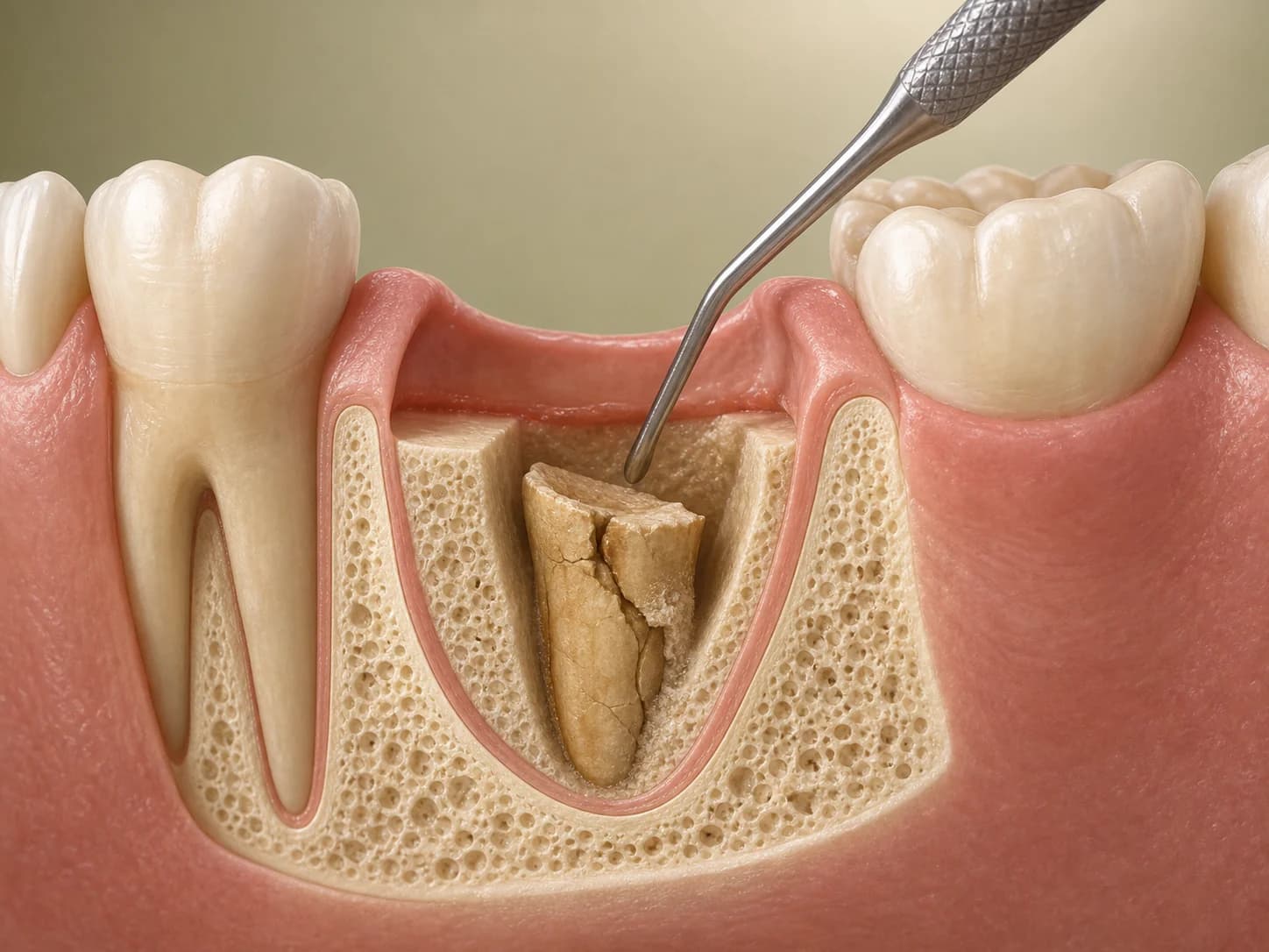 Medical illustration of a retained-root surgical extraction