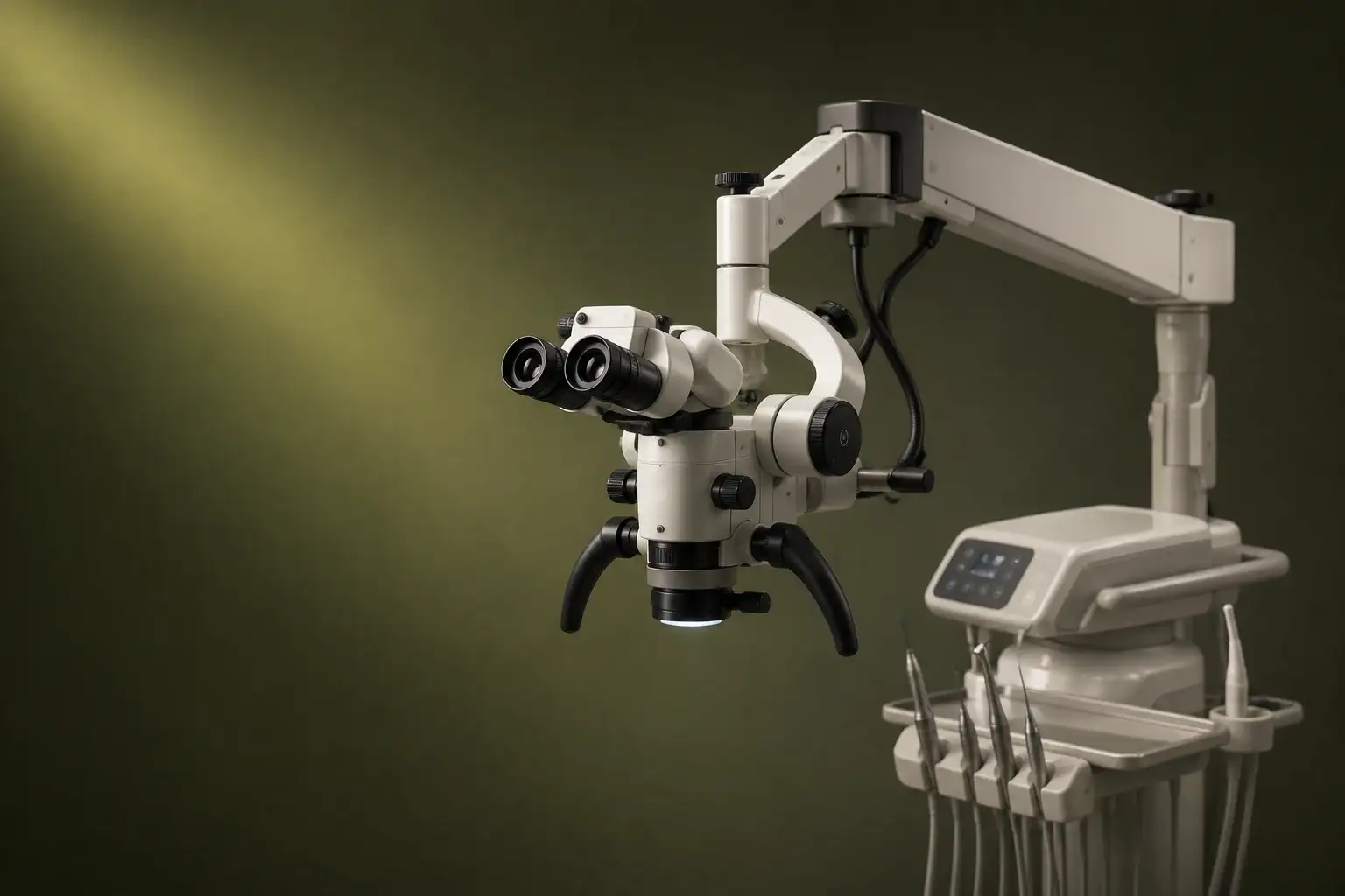 Close-up photo, endodontic microscope in use